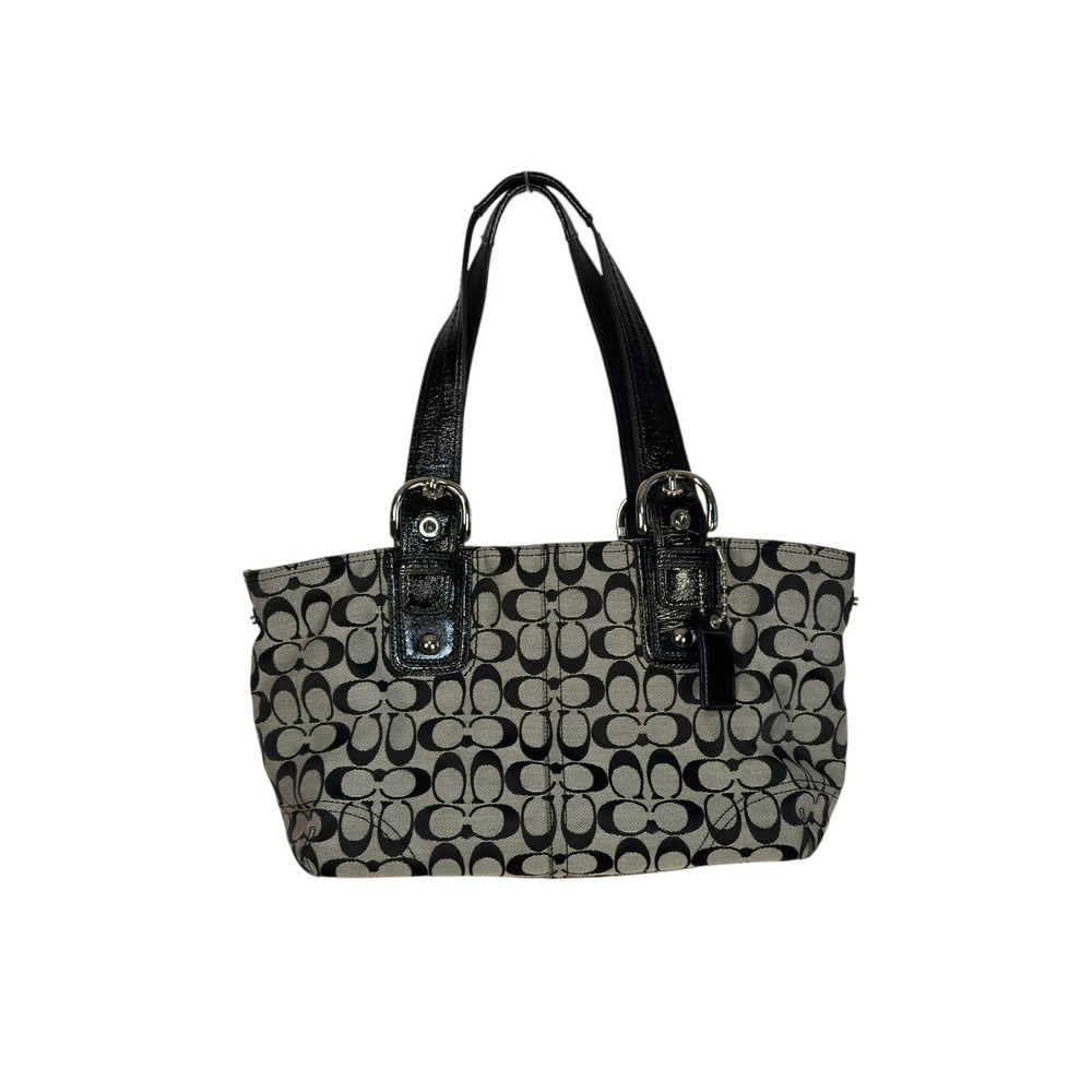 Coach Signature Jacquard Tote Bag Black Gray Patent Leather F13117 Y2K Classic